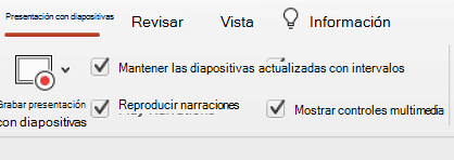 La pestaña presentación con diapositivas de la cinta que muestra la opción Mantener diapositivas actualizadas seleccionada.