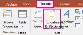 muestra el botón Insertar > encabezado en PowerPoint