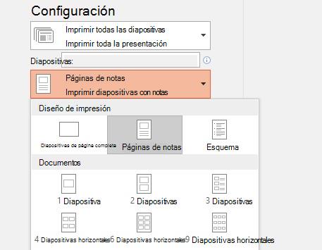 captura de pantalla de la opción para imprimir notas