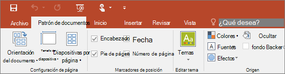 Muestra la cinta del patrón de documentos en PowerPoint