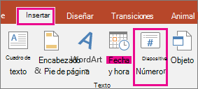 se muestra el botón Número de diapositiva en la cinta de PowerPoint