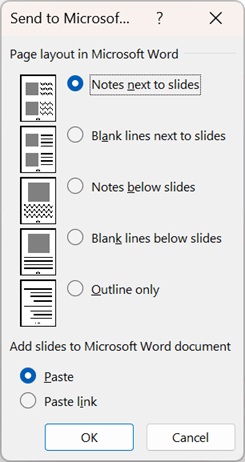 Cuadro de diálogo Enviar a Microsoft Word