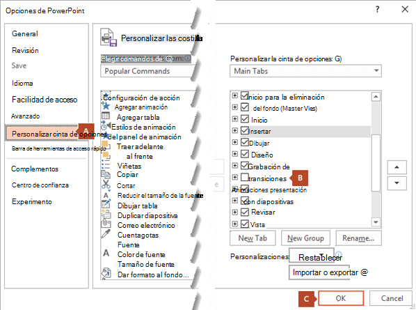 La pestaña Personalizar cinta de opciones del cuadro de diálogo Opciones de PowerPoint 2016 tiene una opción para agregar la pestaña de la grabación a la cinta de PowerPoint.