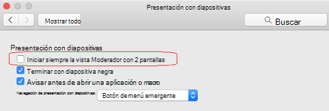 En el cuadro de diálogo Presentación con diapositivas, desactive la casilla Iniciar siempre la vista Moderador con 2 pantallas.