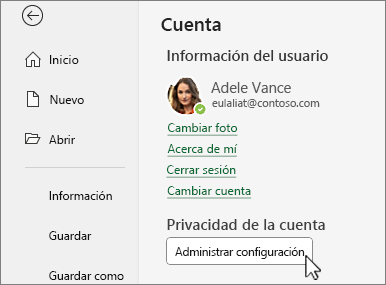 Información de la cuenta en backstage