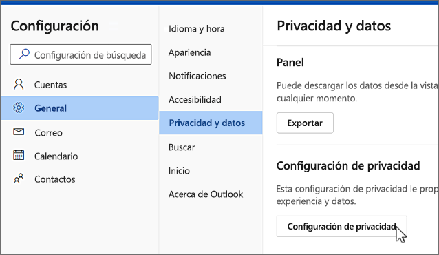 Menú de privacidad y datos general de configuración