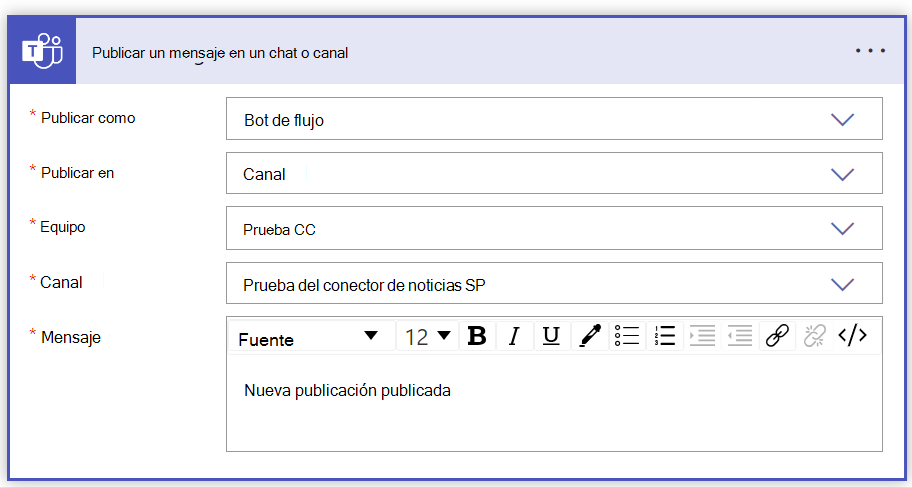 captura de pantalla de mensaje de publicación en el formulario de canal de chat rellenado