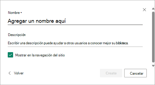 Use el cuadro de diálogo Agregar un nombre para asignar un nombre a la nueva biblioteca.