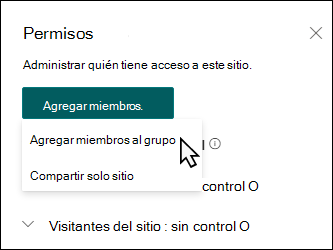Botón Agregar miembros que muestra una lista desplegable.