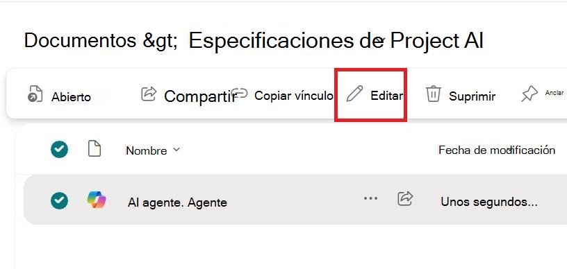Captura de pantalla que muestra la opción de edición del menú contextual de un archivo de agente.