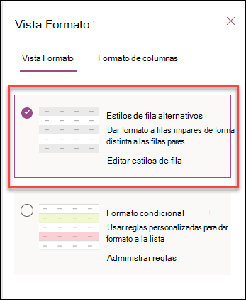 captura de pantalla de formato de filas alternas
