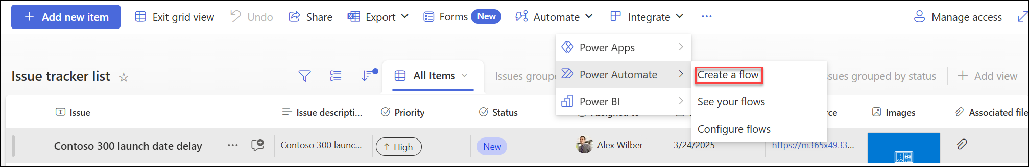 Imagen del menú Automatizar con Power Automate seleccionado