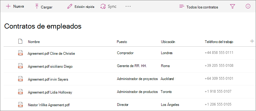 Captura de pantalla de la biblioteca de contratos de empleados