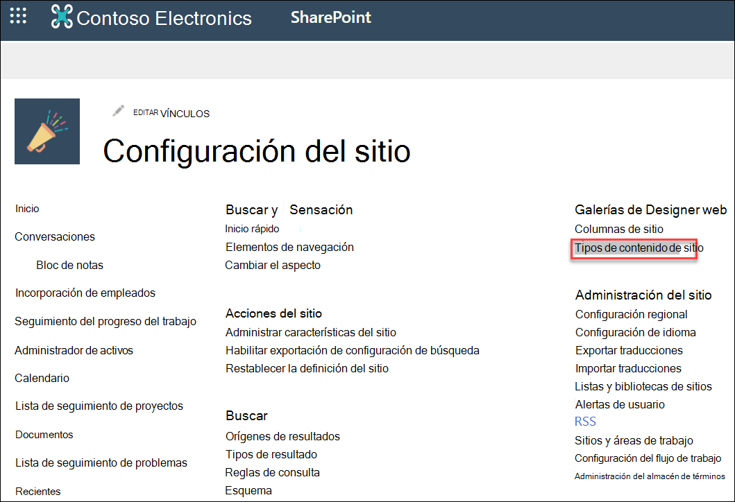 La opción Tipos de contenido de sitio en el cuadro de diálogo Configuración del sitio.