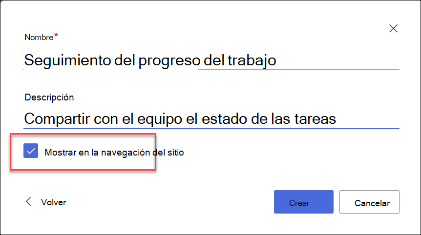 captura de pantalla de crear lista desde un sitio de SharePoint