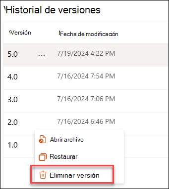captura de pantalla que elimina una versión