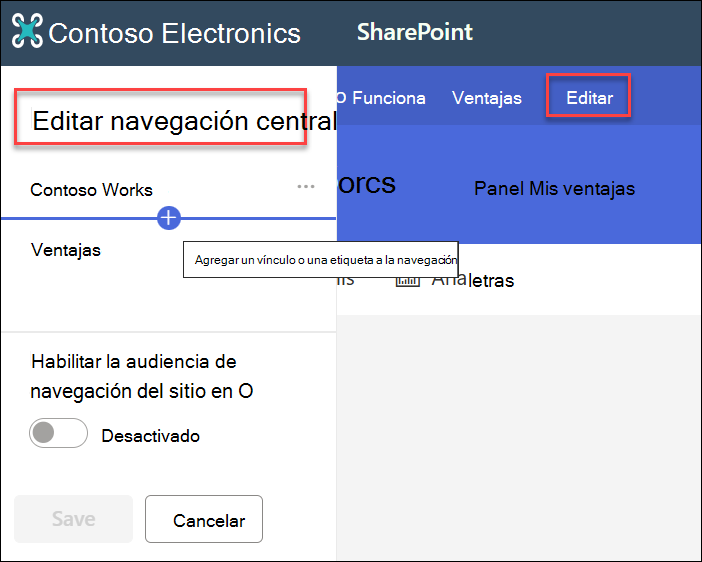 captura de pantalla de la navegación del concentrador de edición