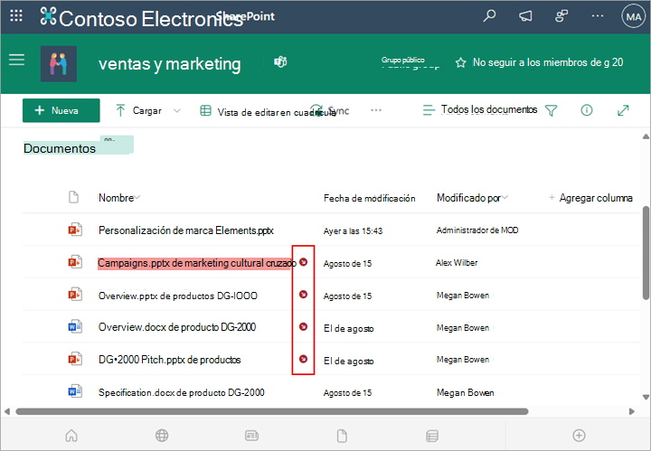 Cuando se desprotegió de la biblioteca, aparece un icono junto a un nombre de archivo.