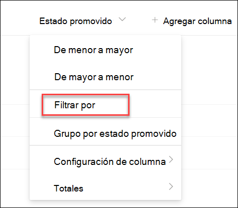 captura de pantalla de Filtro por estado promovido
