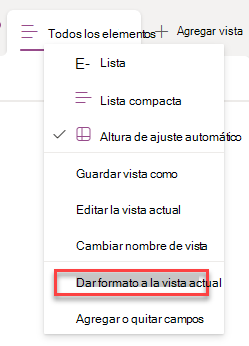 captura de pantalla de selección de formato de fila actual
