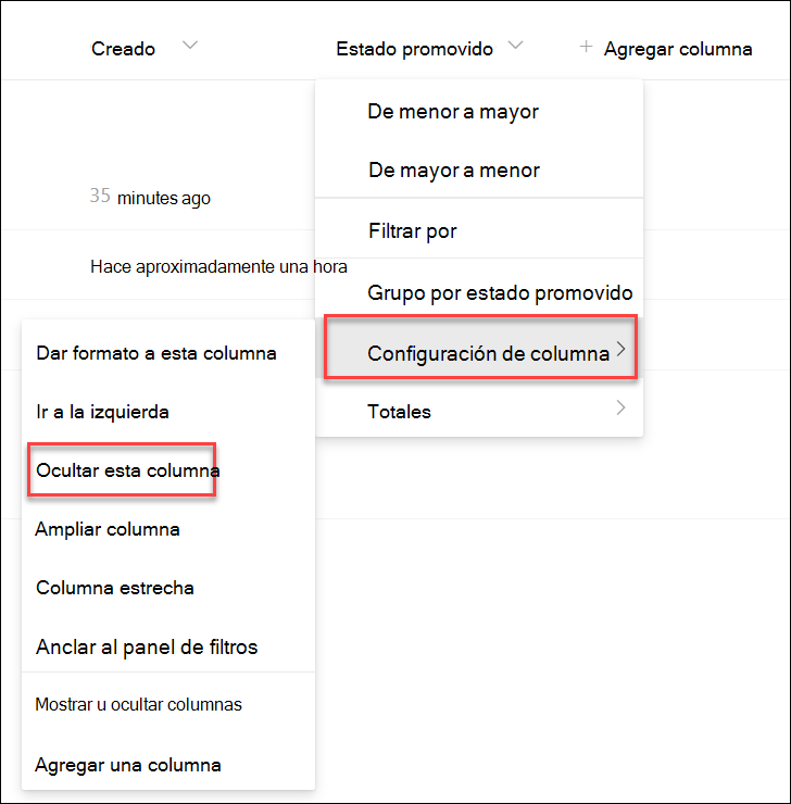 captura de pantalla de ocultar una columna