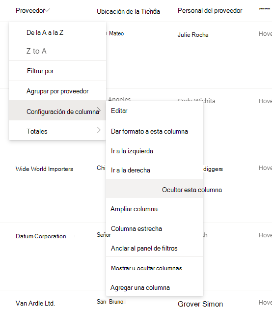 Configuración de columna > Ocultar esta opción de columna cuando se selecciona un encabezado de columna en una lista o biblioteca moderna de SharePoint
