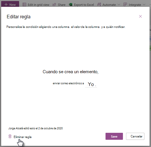 Captura de pantalla de la eliminación de una regla para una lista de la página Editar regla.