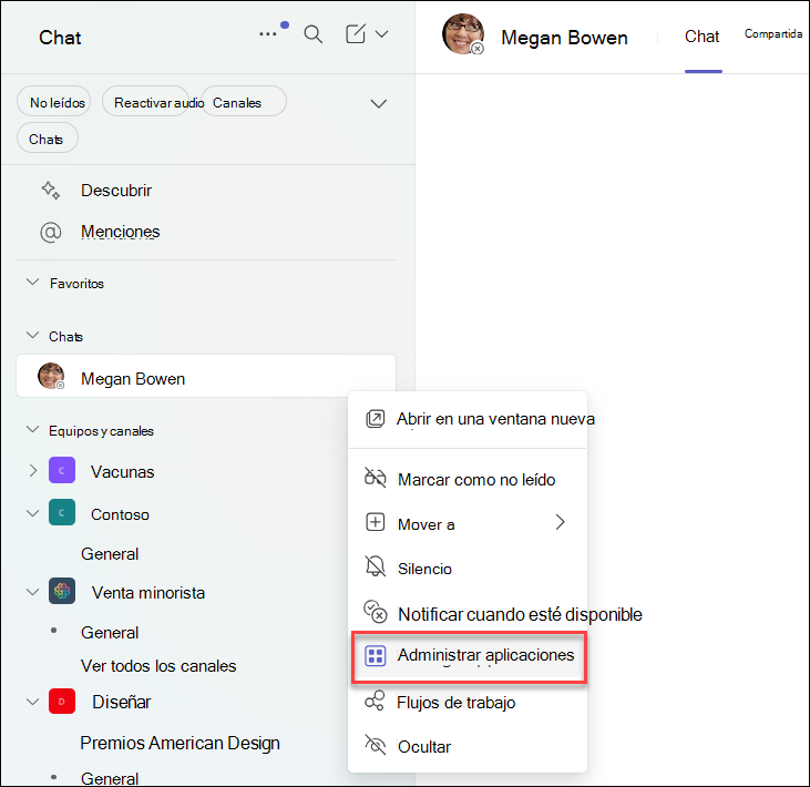 Captura de pantalla de administración de aplicaciones en un chat de Teams