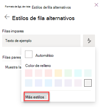 captura de pantalla de selección de más estilos para el formato de vista de lista