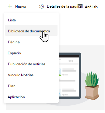 Para crear una nueva biblioteca de documentos, seleccione Nuevo y, después, seleccione Biblioteca de documentos.