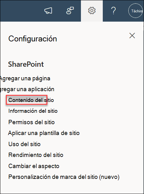 captura de pantalla del contenido del sitio de configuración