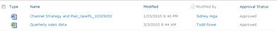 Libarary de SharePoint después de requerir aprobación. Files ya están en la biblioteca están en estado Aprobado.