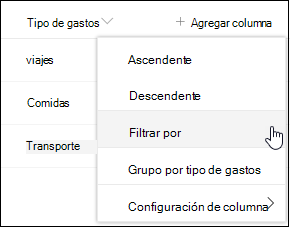 Opción de menú Filtrar encabezado de columna de SharePoint por
