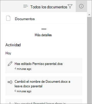 Panel de detalles que muestra los cambios recientes