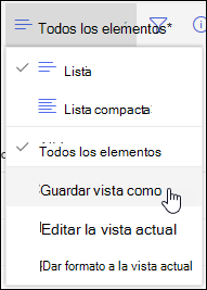 Opción Guardar como del menú Vista de lista de SharePoint Online