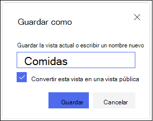 Cuadro de diálogo Guardar vista de lista de SharePoint Online