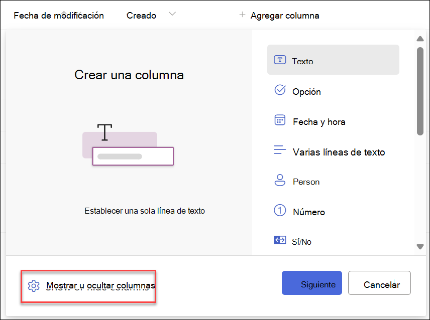Captura de pantalla de la opción Mostrar ocultar columnas seleccionada