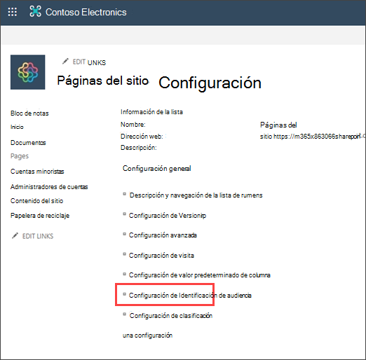 Página de configuración con la identificación de audiencia resaltada