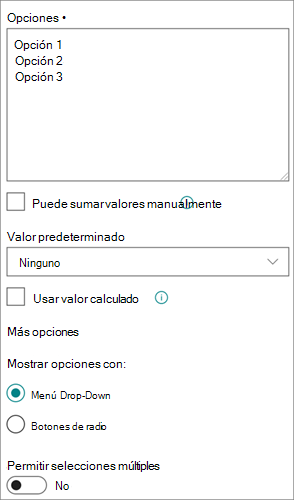 Opciones para las columnas de opción en la experiencia moderna
