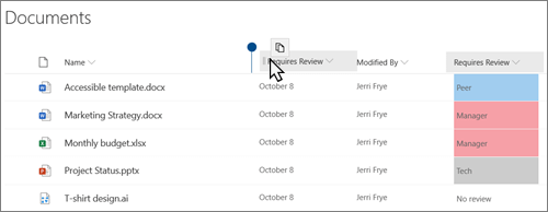 Una biblioteca de documentos en la vista moderna de SharePoint Online, que muestra una columna arrastrada de una posición a otra