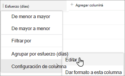 Panel Editar columna en SharePoint con la opción Eliminar seleccionada