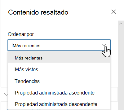 Opciones Ordenar por del elemento web Contenido resaltado en la experiencia moderna de SharePoint