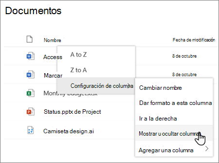 Configuración de columna > Mostrar u ocultar columnas cuando se selecciona un encabezado de columna en una lista o biblioteca moderna de SharePoint