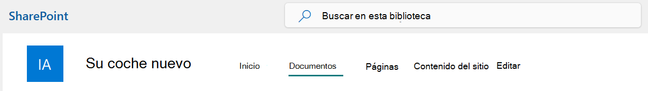 Un menú de la barra superior del sitio de SharePoint con la opción Documentos seleccionada.