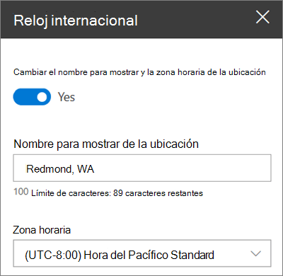 Cuadro de herramientas para el elemento web Reloj internacional para sitios de SharePoint, que muestra cómo personalizar un nombre para mostrar y una zona horaria