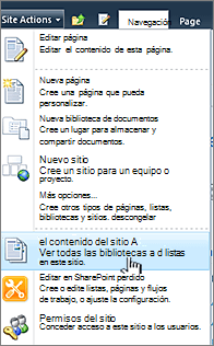 Ver todo el contenido del sitio en el menú Acciones del sitio