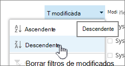 Menú desplegable de ordenación en un encabezado de columna