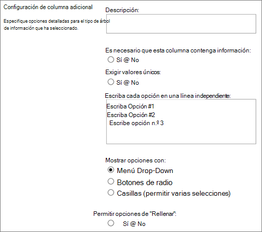Opciones para las columnas Opción