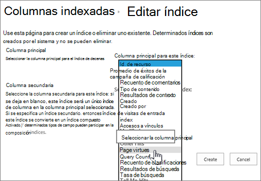 Editar página de índice con la columna seleccionada en el cuadro desplegable