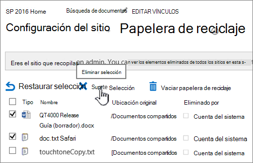 Botón Eliminar de la página de reciclaje de SharePoint 2016 resaltado
